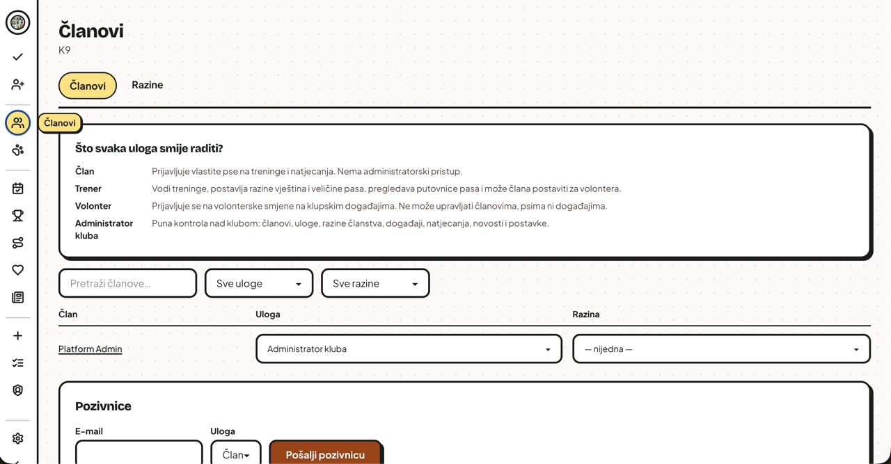 Kynopack club dashboard showing members, events, and news