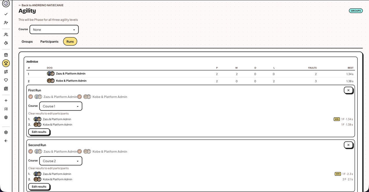 Kynopack competition view with scoring and results